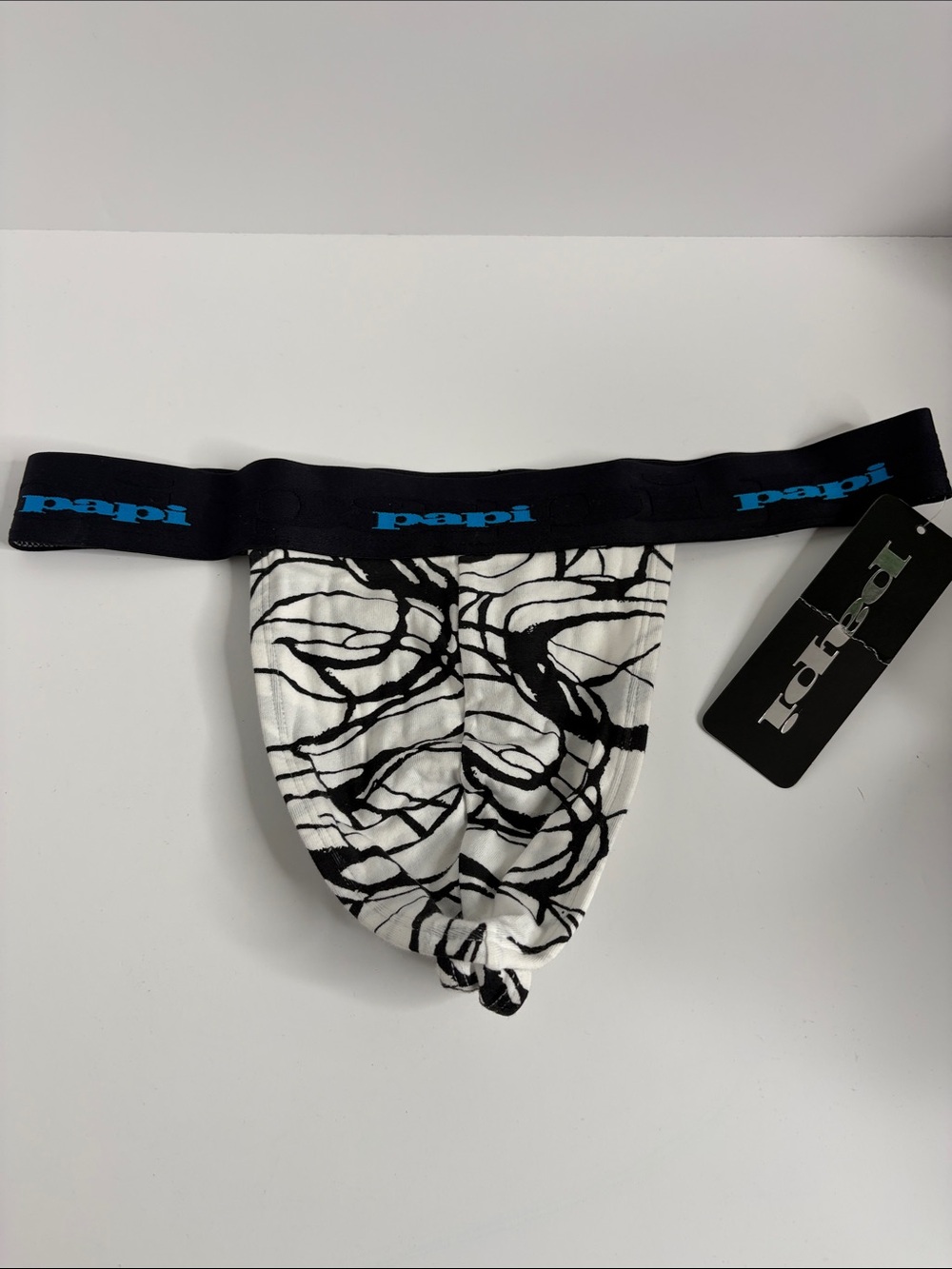 Papi Men's White & Black Patterned Thong with Black Waistband